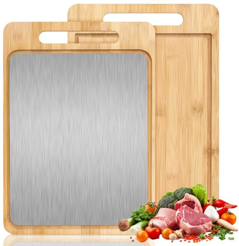 Doppelseitiges Schneidebrett Bambus & Edelstahl 304, 2-in-1 Küchenbrett | Groß Cutting Board mit Saftrille und Griffen, Leicht zu verstauen, für Fleisch, Gemüse und Obst(39x28x1.5 cm)