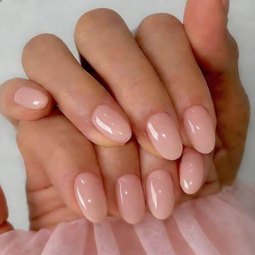 SXVME Soft Gel Press On Nails Short, 32 Pcs 16 Sizes Sheer Nude Pink Short False Nails Press ons Oval, Reusable Artificial Nails, Natural Almond Stick On Nail for Women Everyday Elegance