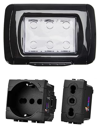 Di Tutto Per Tutti® Kit Placca Scatola 503 Premontato IP55, 3 Moduli Presa Schuko + Presa Bipasso 10/16A, Compatibile Con Bticino Living, Colore Nero, Placca Stagna Idrobox Incasso Da Esterno