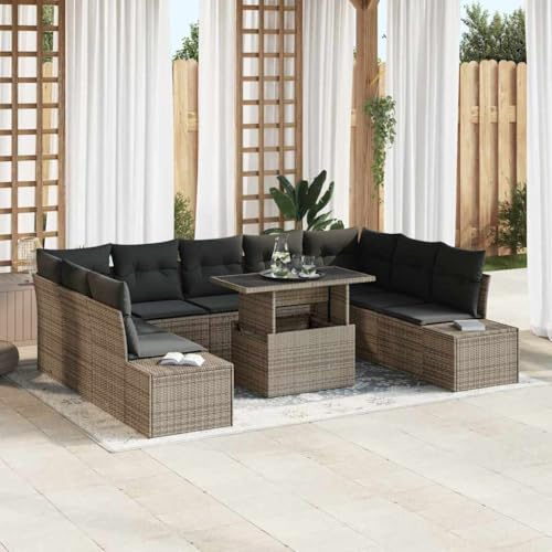 XinZaphrisal Modulares Gartenmöbel-Set 10-teilig Grau Poly-Rattan Sofa mit Kissen und Tisch für Terrasse Gartenbereich Polyrattanmöbel modularer Gartenmöbel