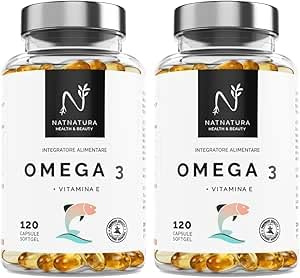 Omega 3 massima concentrazione EPA - DHA. Acidi grassi Omega 3 (2000 mg) + Vitamina E a base di olio di pesce selvatico. 120 perle morbide (Confezione da 2)
