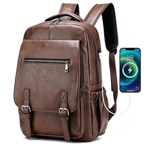 Lumavox Laptop Backpack Mens Travel Backpack with USB Charging Port, 15.6 inch Leather Laptop Rucksack for Men Water Resistant Travel Rucksack Daypacks, Coffee