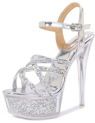 Generisch Elegantes sandalias de tacón alto con tiras brillantes para actuaciones escénicas vida nocturna – Plataforma brillante zapatos femeninos para ocasiones festivas eventos glamurosos, plata, 36
