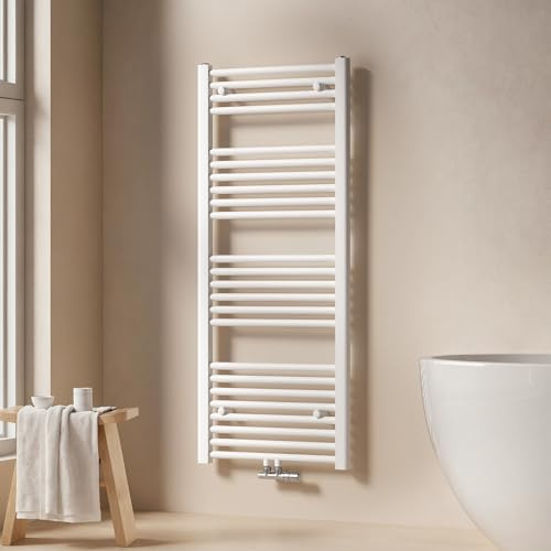 EMKE Badheizkörper 1200x500 mm - Gerade Handtuchheizkörper mit Mittelanschluss, Effizienter Handtuchwärmer Handtuchtrockner Heizkörper für Bad, Weiß, 513W