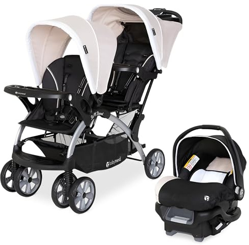 Baby Trend Infant and Toddler Double Stroller & Car Seat Combo, 2 Pc Set, Khaki - Portable and Lightweight Stroller Duo and Car Seat Travel System Tandem