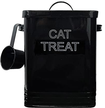 Nobel Cat Food or Cat Treat Storage Tin with Lid with Scoop Non Slip Pads (CAT TREAT, Black)