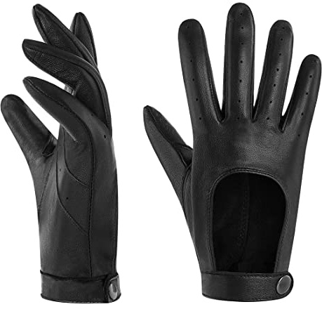 Harssidanzar Guanti in pelle da Donna,Guanti in pelle per vestito sottile in pelle di pecora sfoderata KL021,Nero,Taglia M