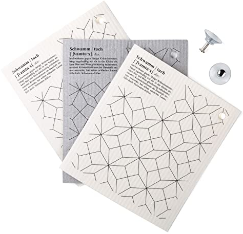 Schwammtücher (3x) Saugnapf-Haken (2x) im praktischen Set für Küche und Haushalt – Wischtuch, Spültuch, Allzwecktuch, Wischlappen im angesagten Rauten-Design und lustigem Spruch