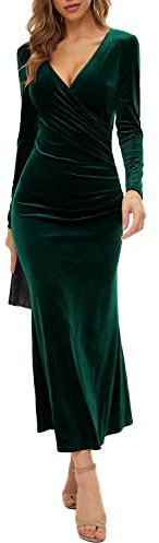 BUOYDM Women Elegant Velvet Long Sleeve Wrap V Neck Ruched Bodycon Cocktail Party Maxi Dress Dark Green L