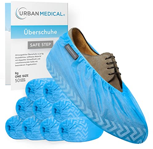 URBAN MEDICAL 50x Atmungsaktive 6g Einweg/Mehrweg Schuhüberzieher mit rutschfester Sohle - SAFE STEP - Reißfest & durchriebsicher - Überschuhe für In- und Outdoor - ONESIZE