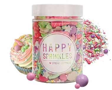 Happy Sprinkles BUT FIRST, UNICORNS - Einhorn Streusel als Kuchen Deko 90g | Streuselmix mit Schokolade, Einhorn- & Regenbogen-Motiven, für Torten, Cupcakes & Kekse, ideal für Kindergeburtstage