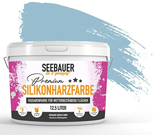 SEEBAUER diy Silikonharz-Fassadenfarbe Blau 5L für Außen (No. 815 Blue Ridge) Selbstreinigende Fassadenfarbe mit Lotuseffekt - Geeignet für Putz, Mauerwerk und Beton