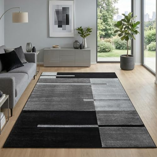 Carpetsale24 Teppich 140x200 cm Kurzflor Konturenschnitt in Schwarz Grau Kariertes Design, Waschbar, Pflegeleicht, Extra Weich Für Wohnzimmer, Schlafzimmer, Esszimmer