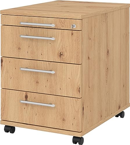 bümö Rollcontainer mit Schubladen, Container abschließbar aus Holz in Asteiche - Rollwagen für's Büro als Schreibtisch Unterschrank, Bürocontainer od. Schreibtischcontainer mit Relinggriffe