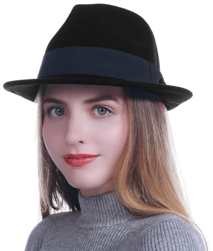 HEYANN Fedora Hut Herren Mode Filz Hüte für Herren Damen 58-60cm Wollfilz Herrenhut Jazz Cap Kurzer Krempe Trilby Hut mit Eleganter Panama Hut Damen Gentlemans (L/XL, Schwarz)