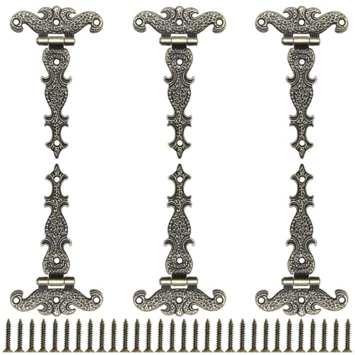 Aifeier ET 6 Stück Vintage-Scharnier in T-Form, 11,4 x 6,5 cm, antike Bronze, dekorative Scharniere, geschnitzte Metalllegierung, Scharnier mit Schrauben für kleine Holzkisten, Schmuckkästchen,