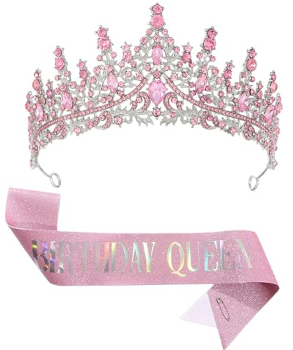 CHTENG Birthday QUEEN Sash and Tiara Rhinestone Crown Headband for Birthday Party Supplies (PINK)