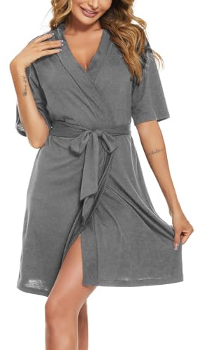 Rayson Albornoz Corto Mujer Elegante Bata Kimono de Algodón Manga Corto Verano Cuello V Albornoz Corto con Cinturón Mujer Bata(Gris,S)