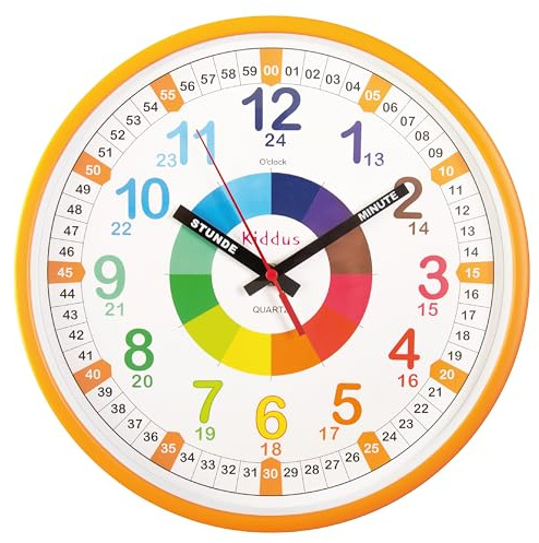 Kiddus Lernuhr Wanduhr Kinder 20cm, Pädagogische Uhr für Jungen & Mädchen, Lautloses Uhrwerk, Zeiger mit Stunde & Minute Beschriftung, Ideal für Schulanfänger - 13 Orange DE 30cm