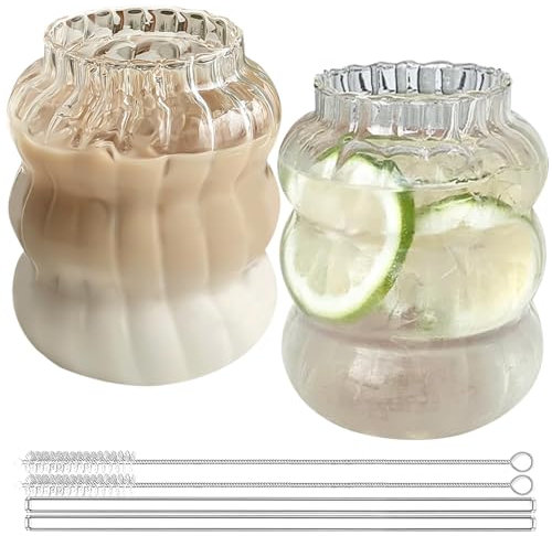 BAIFULAI Lot de 2 Verres à Eau Ondulés 650 ml Avec Pailles et Brosse - Pour Café Glacé, Boissons et Latte Macchiato