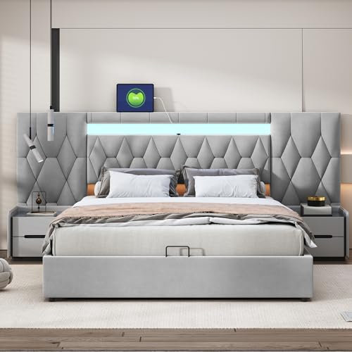 Rtopsu Polsterbett Doppelbett 160x200 cm mit LED-Beleuchtung und USB-Anschluss, Bett mit Hydraulischer Stauraum und Kopfteil, Stauraumbett Bettgestell mit Lattenrost, Samt, Grau, Ohne Matratze