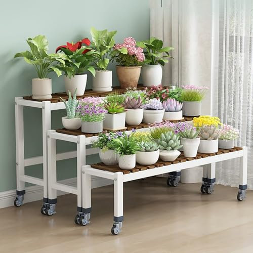 KADEUX Holz Pflanzregal Blumentreppe, Garten Pflanzenregal Blumenbank Mit Rollen, Wohnzimmer Pflanzen Ablageregal Gartenregal -Metallgestell(80cm Combination)