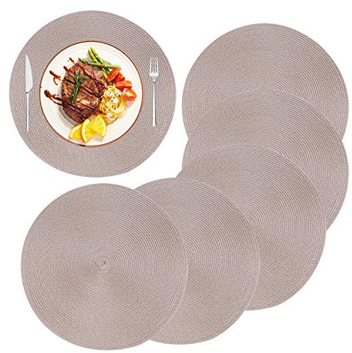 Tischsets Abwaschbar Rund Platzsets Durchmesser 38 cm, 6er Set rutschfest Geflochtene Platzdeckchen Hitzebeständigeb für Küche, Hochzeit, Party Dekor (Khaki)