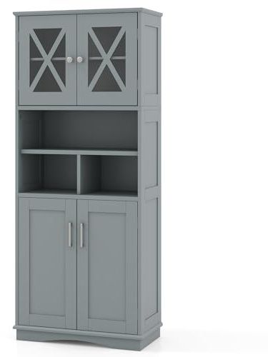 GIANTEX Badrumskolumn i MDF, 4-dörrars högskåp för badrum, 3 justerbara hyllor, 3 öppna beteenden, vattentät design, förvaringsskåp 60 x 30 x 145 cm (grå)