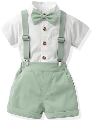 Yaopelky Conjunto de Ropa Formal para Niños Pequeños Caballero Camiseta de Manga Corta con Corbata Niños con Tiradores Pantalones Cortos Traje de Boda Conjunto de Ropa para Niños, Verde, 4-5 años