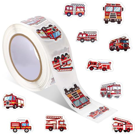GEEHUA 500 Stück Feuerwehrauto Aufkleberrolle Selbstklebend | Wasserfest Feuerwehrauto Motorfahrzeuge Aufkleber Feuerwehrmann Partygeschenke Goodie Bags DIY Basteln Belohnungsanreize