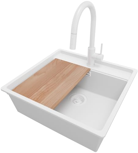 PRIMAGRAN Fregadero Granito al Mueble 60cm + Grifo, 56x53cm | Set: Grifo BW9010 + Kit de desagüe + Tabla de Cortar + Bergen Low Cut Top Slim 1 Seno para Cocina, Todo Blanco