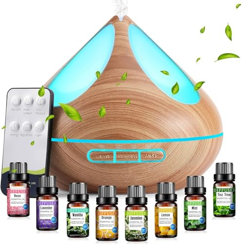 VAAGHANM Aroma Diffuser 500ml mit 8 Ätherischen Ölen: Fernbedienung + 4 Timer, Brauner Luftbefeuchter für Schlafzimmer/Home​ Brown