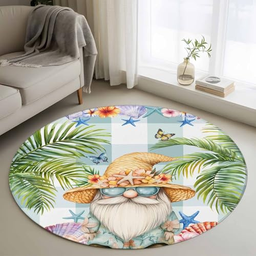 Indoor Area Rugs,Tropical Dwarf Palm Tree Non-Slip Round Accent Area Floor Rug for Living Room Bedroom Kids Room College Dorm Gnomes Sea Star on Green Plaid