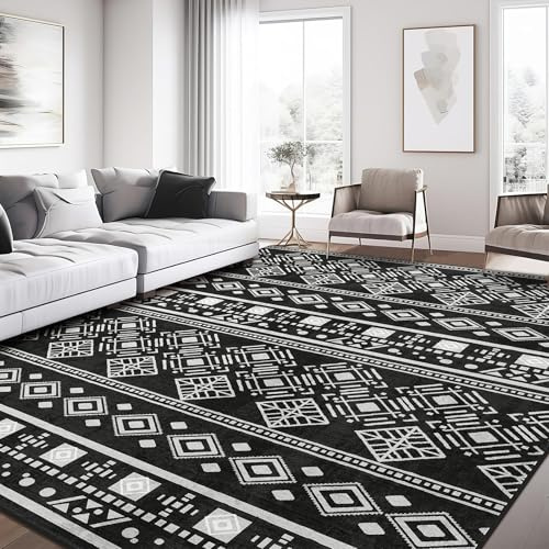 XSIVOD Matta 160x220 cm Kort Lugg - Tvättbar Halksäker Vardagsrumsmatta, Boho Vintage Design, Stor Matta för Sovrum, Kök, Matsal, Kontor, Svart