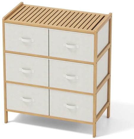 COSTWAY Kommode mit 6 faltbaren Stoffschubladen & oberem Regal, Schubladenschrank Bambusrahmen, Vertikale Organizer Aufbewahrungsschrank klein für Schlafzimmer, Flur, Natur
