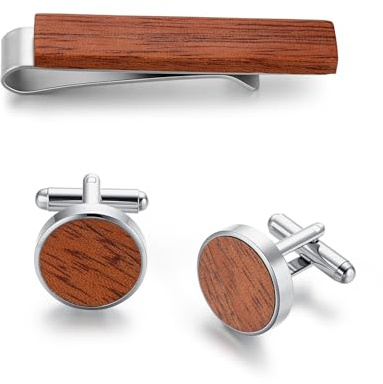 STJARNA Holz Krawattenklammer Manschettenknöpfe Set Herren Dunkelbraun Edelstahl Krawattennadel Hochzeit Schmuck