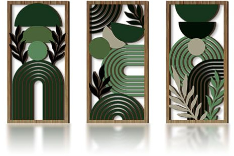 Triptyk grön boho väggkonst set, moderna abstrakta konsttryck med geometriska minimalistiska bilder, botaniska träväggdekorationer för sovrum och vardagsrum, 20 x 40 cm utan ram
