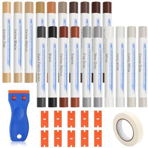 Laminate Floor Repair Kit with Scraper: 20 Vinyl Wood Repair Kit with Adhesive Tape, Wax Stick Wood Putty for Furniture, Linoleum Flooring, Multicolor