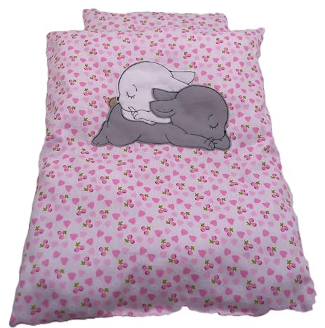 Puppenbettwäsche rosa Herzchen-Design, 4 Variaten, für Puppenwagen,-bett oder Puppenbuggy (Kuschelhase)