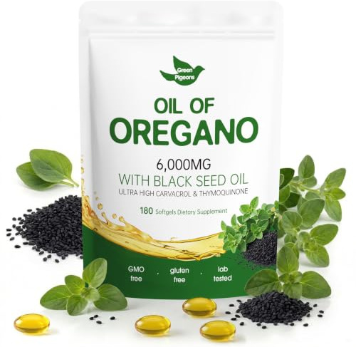 Oil of Oregano with Black Seed Oil, 180 Count Oregano Oil Capsules with 4X Strength of Carvacrol and Thymoquinone, Non-GMO, Natural Herbal Health Supplement.