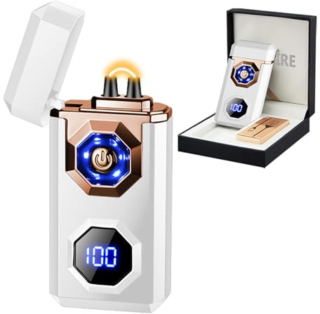 SKRFIRE Cool Lighters Electric Lighter Fire Lighters High Power Windproof Arc Lighter Metal Body with Battery Ignition Count Display LED Flash Light USB-C Rechargeable for Candle Outdoor (White)