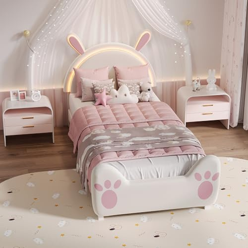 DADEA Mädchen Bett 90x200 LED mit Kopfteil, Polsterbett Mädchen mit Lattenrost, Kinderbett 90x200Mädchen Prinzessin BettMädchen LED Jugendbett MädchenEinzelbetten Funktionsbett, ohne Matratze