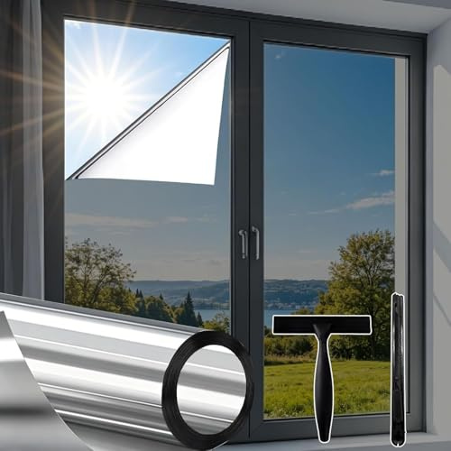 Película de espejo para ventanas, protección solar, protección contra rayos UV, para ventanas, protección contra el calor, para ventanas, opaca, ideal para sala de estar y oficina, color plateado (60