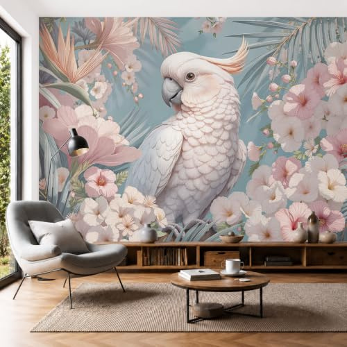 Fotomurali Adesivi Per Mobili - Stickers Murales Per Soggiorno 200L×140A Cm - Decorazione Da Muro - Carte Da Parati Fiori E Uccelli Della Giungla Tropicale - Pappagalli Fiori Di Ibisco Rosa - Rosa