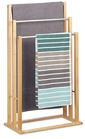 Relaxdays Handtuchhalter stehend mit 3 Handtuchstangen, Handtuchständer 3-armig für Bad, Bambus, H*L*W: natur, 84 x 48 x 26 cm