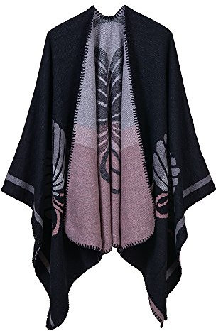 UK_Stone Poncho Damen Cape Trachtentuch Umhang Stola Schultertuch aus Acrylic mit Blumen Muster Herbst und Winter, Blume Schwarz Rosa