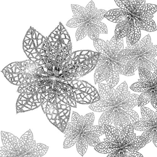 Boao 24 delar glitter julstjärna julgransprydnad julblommor dekor prydnad, 3/4/6 tum (silver)