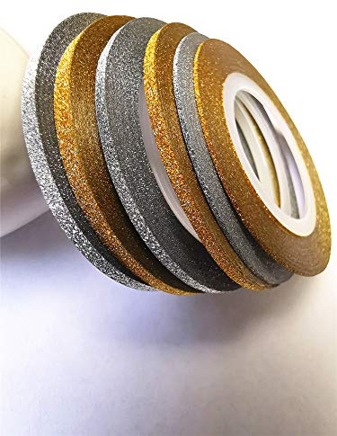 Valuu 6 rollos de cinta de uñas con purpurina dorada y plata para decoración de uñas, 1 mm, 2 mm, 3 mm, tiras adhesivas para bricolaje