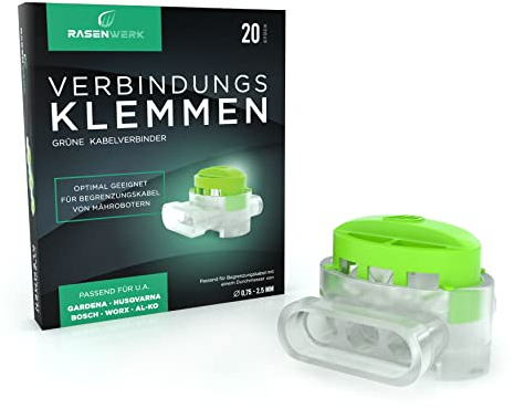 RASENWERK® - Kabelverbinder für Mähroboter Begrenzungskabel - Verbindungsklemmen mit wasserdichter Gelfüllung - Kompatibel mit Markenherstellern wie Gardena, Husqvarna, Worx, Bosch - 20 Stück