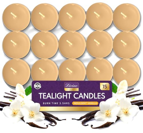 SOL 15pk Tea Light Candles Indulgent Vanilla – 3.5 Hour Burn Time, Scented Tea Lights Candles, Long-Lasting & Ideal Home Decor, Relaxation, Romantic Dinners, Weddings, Cosy Evenings & Special Occasion